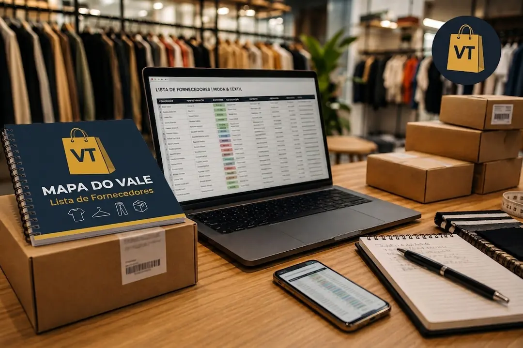 Mockup do Mapa do Vale com notebook, celular e caderno sobre mesa de loja de roupas